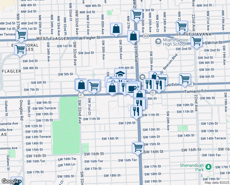 map of restaurants, bars, coffee shops, grocery stores, and more near 2975 Southwest 8th Street in Miami