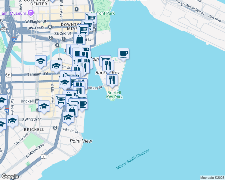 map of restaurants, bars, coffee shops, grocery stores, and more near in Miami