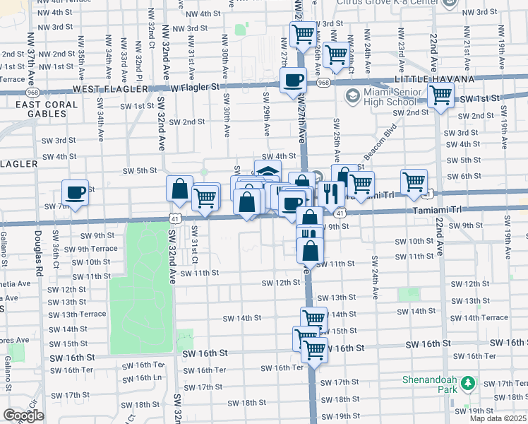 map of restaurants, bars, coffee shops, grocery stores, and more near 710 Southwest 29th Avenue in Miami