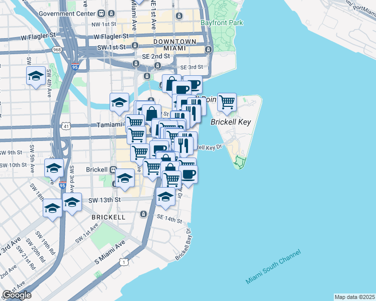 map of restaurants, bars, coffee shops, grocery stores, and more near 601 Brickell Bay Drive in Miami