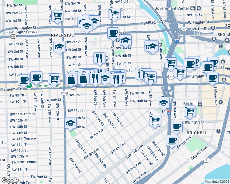map of restaurants, bars, coffee shops, grocery stores, and more near 829 Southwest 8th Court in Miami