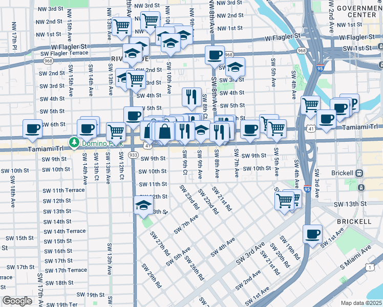 map of restaurants, bars, coffee shops, grocery stores, and more near 900 Southwest 8th Street in Miami