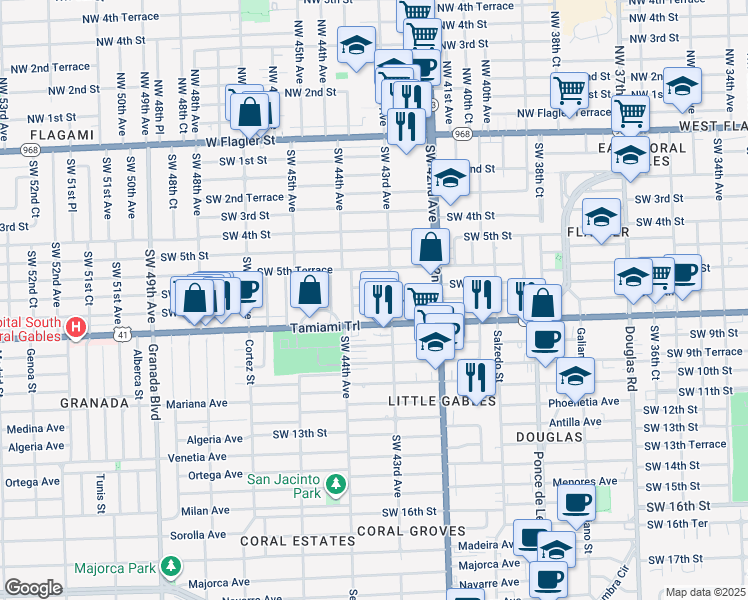 map of restaurants, bars, coffee shops, grocery stores, and more near 4350 Southwest 6th Street in Coral Gables