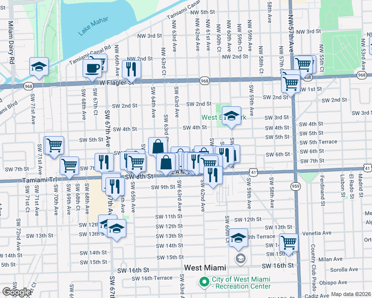 map of restaurants, bars, coffee shops, grocery stores, and more near 520 Southwest 63rd Avenue in Miami