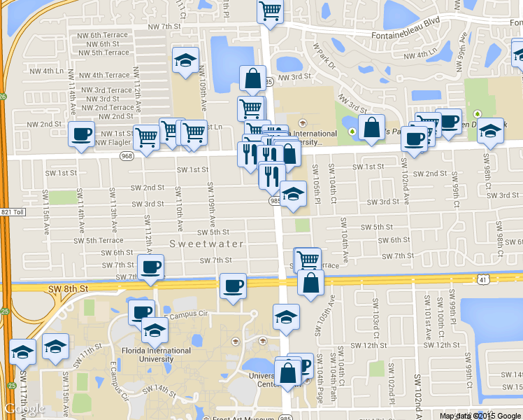 map of restaurants, bars, coffee shops, grocery stores, and more near 10750 Southwest 3rd Street in Miami