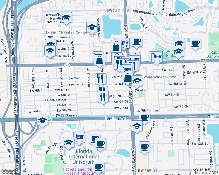 map of restaurants, bars, coffee shops, grocery stores, and more near 10840 Southwest 3rd Street in Miami
