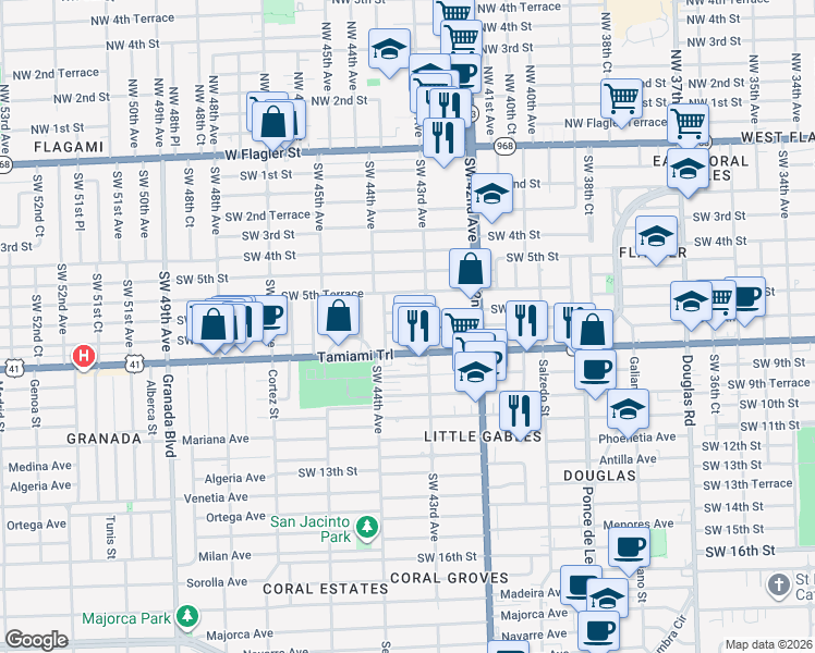 map of restaurants, bars, coffee shops, grocery stores, and more near 4350 Southwest 6th Street in Coral Gables