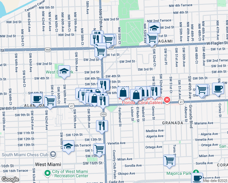 map of restaurants, bars, coffee shops, grocery stores, and more near 552 Southwest 56th Avenue in Coral Gables
