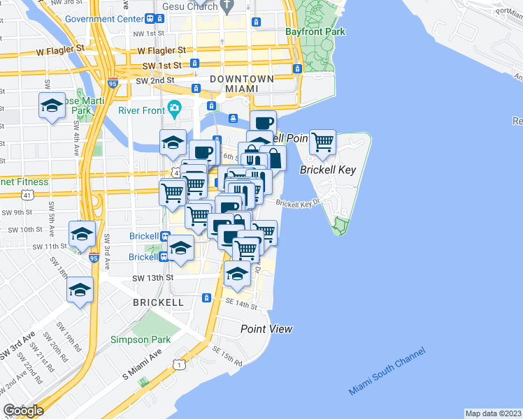 map of restaurants, bars, coffee shops, grocery stores, and more near 909 Brickell Avenue in Miami