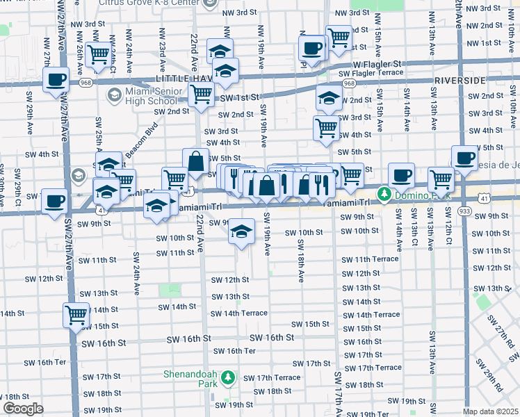 map of restaurants, bars, coffee shops, grocery stores, and more near 1900 Southwest 8th Street in Miami
