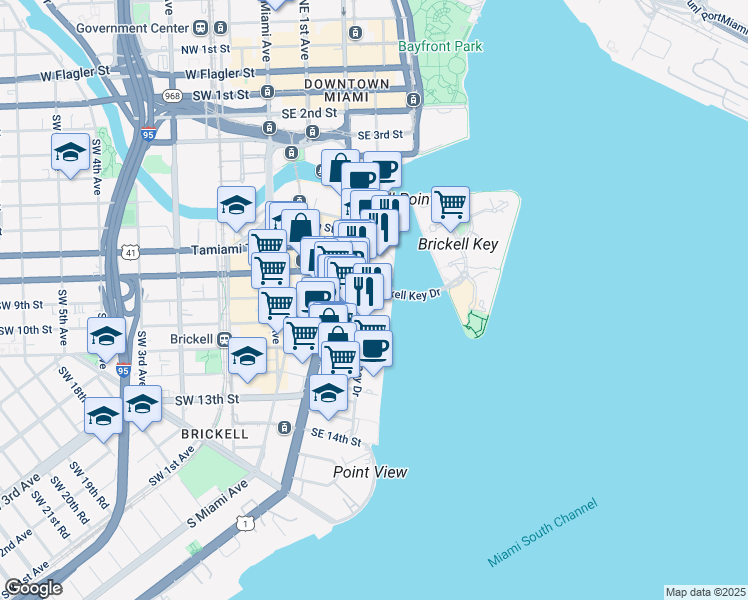 map of restaurants, bars, coffee shops, grocery stores, and more near 601 Brickell Bay Drive in Miami