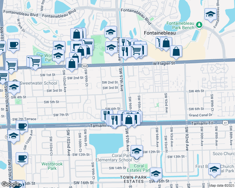 map of restaurants, bars, coffee shops, grocery stores, and more near 9730 Calle Cuba in Miami