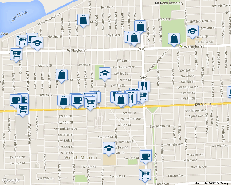 map of restaurants, bars, coffee shops, grocery stores, and more near 5916 Southwest 5th Terrace in Miami
