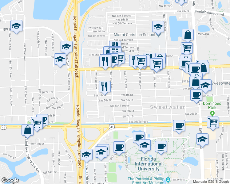 map of restaurants, bars, coffee shops, grocery stores, and more near 11380 Southwest 3rd Street in Miami