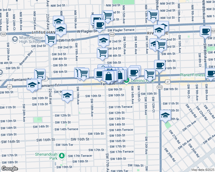 map of restaurants, bars, coffee shops, grocery stores, and more near 1696 Southwest 8th Street in Miami