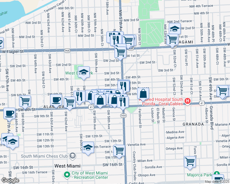 map of restaurants, bars, coffee shops, grocery stores, and more near 5760 Southwest 5th Terrace in Miami