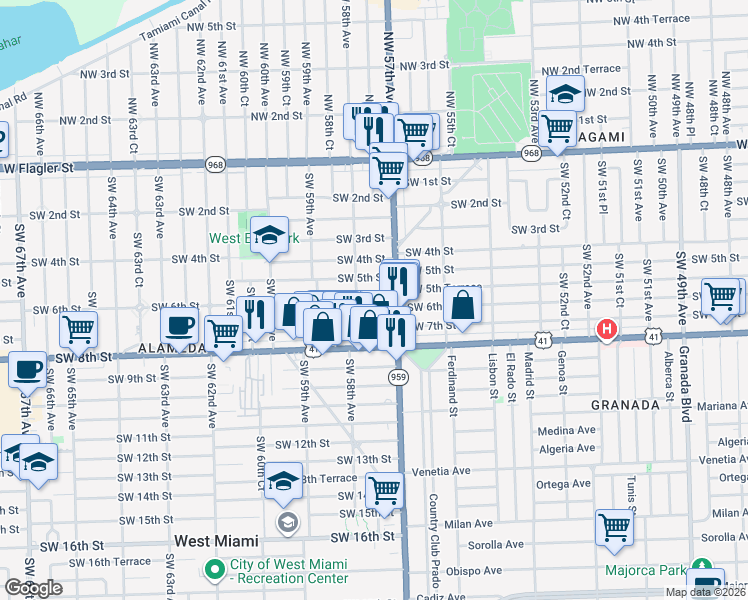 map of restaurants, bars, coffee shops, grocery stores, and more near 5750 Southwest 5th Terrace in Miami