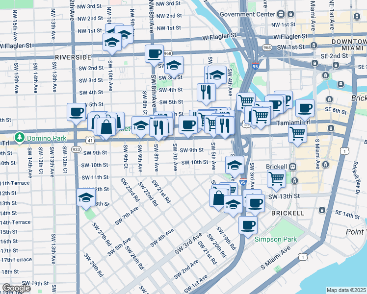 map of restaurants, bars, coffee shops, grocery stores, and more near 649 Southwest 9th Street in Miami