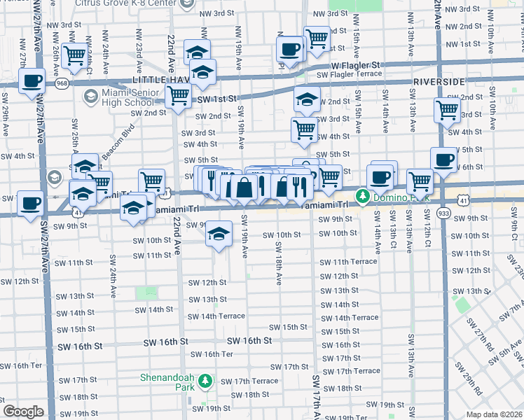 map of restaurants, bars, coffee shops, grocery stores, and more near 1850 Southwest 8th Street in Miami