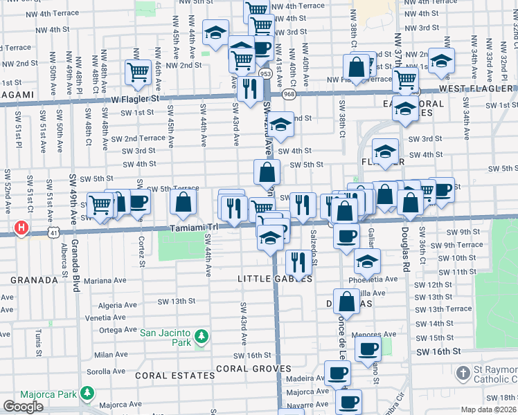 map of restaurants, bars, coffee shops, grocery stores, and more near 630 Southwest 42nd Avenue in Miami
