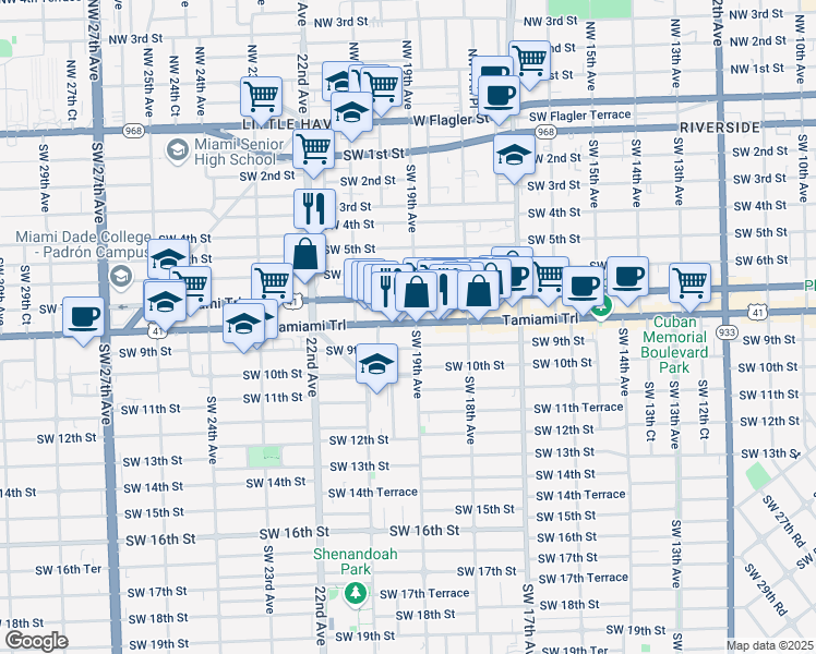 map of restaurants, bars, coffee shops, grocery stores, and more near 1900 Southwest 8th Street in Miami