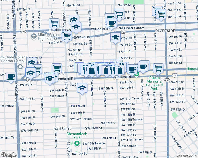 map of restaurants, bars, coffee shops, grocery stores, and more near 1868 Southwest 8th Street in Miami