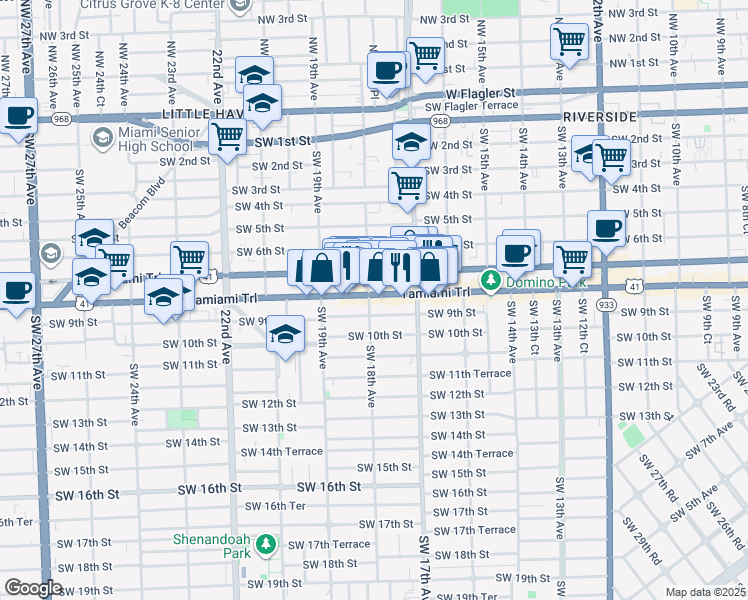 map of restaurants, bars, coffee shops, grocery stores, and more near 1821 Southwest 8th Street in Miami