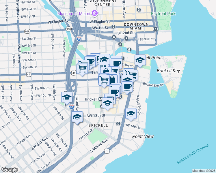 map of restaurants, bars, coffee shops, grocery stores, and more near 10 Southwest 9th Street in Miami