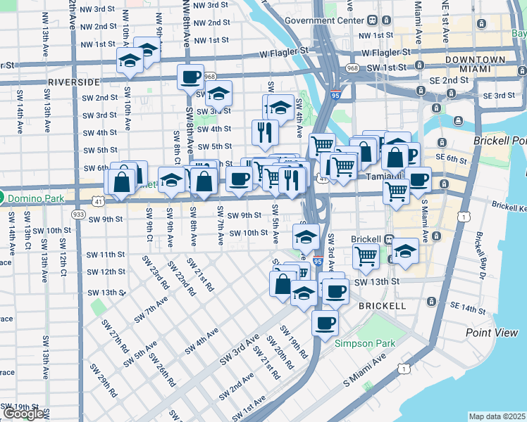 map of restaurants, bars, coffee shops, grocery stores, and more near 561 Southwest 9th Street in Miami