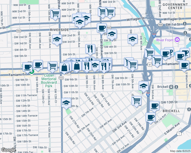 map of restaurants, bars, coffee shops, grocery stores, and more near 829 Southwest 8th Court in Miami