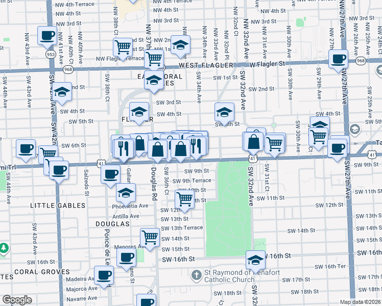 map of restaurants, bars, coffee shops, grocery stores, and more near in Miami