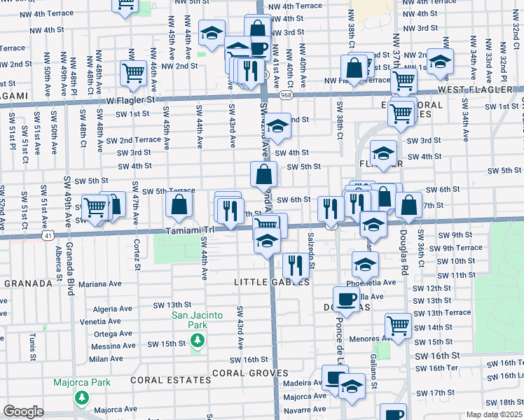 map of restaurants, bars, coffee shops, grocery stores, and more near 630 Southwest 42nd Avenue in Miami