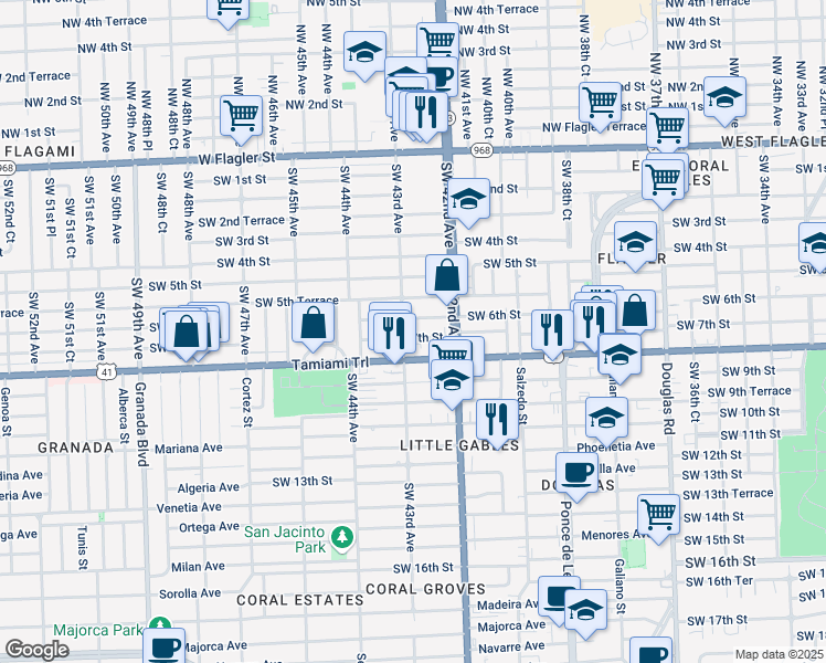 map of restaurants, bars, coffee shops, grocery stores, and more near 4270 Southwest 6th Street in Coral Gables