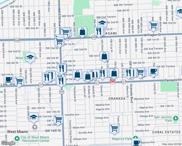 map of restaurants, bars, coffee shops, grocery stores, and more near 5401 Southwest 6th Street in Coral Gables