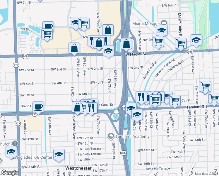 map of restaurants, bars, coffee shops, grocery stores, and more near 430 Southwest 78th Avenue in Miami