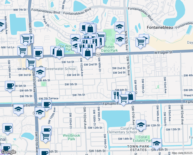 map of restaurants, bars, coffee shops, grocery stores, and more near 9961 Southwest 4th Street in Miami
