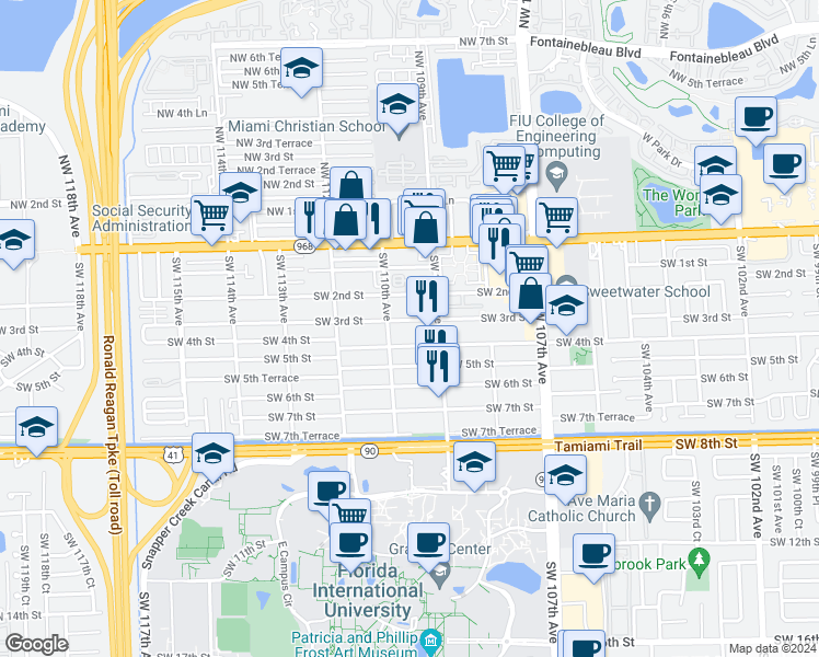 map of restaurants, bars, coffee shops, grocery stores, and more near 301 Southwest 110th Avenue in Miami