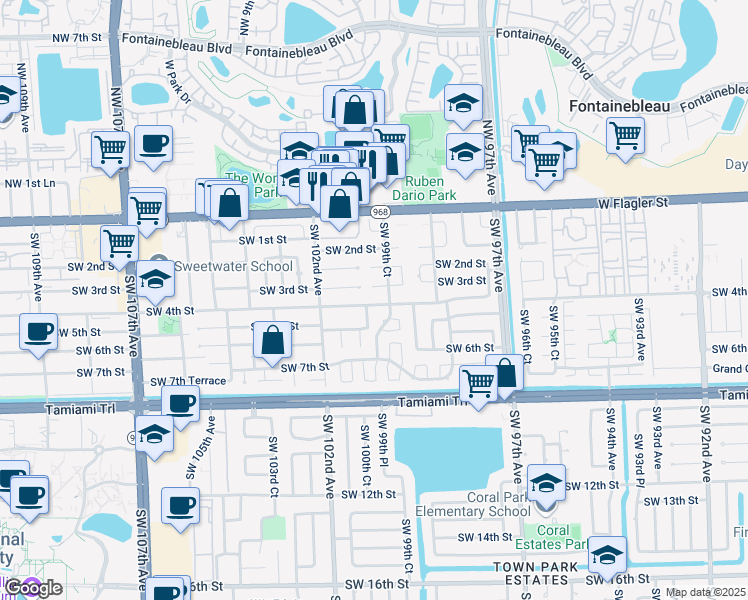 map of restaurants, bars, coffee shops, grocery stores, and more near 9961 Southwest 4th Street in Miami