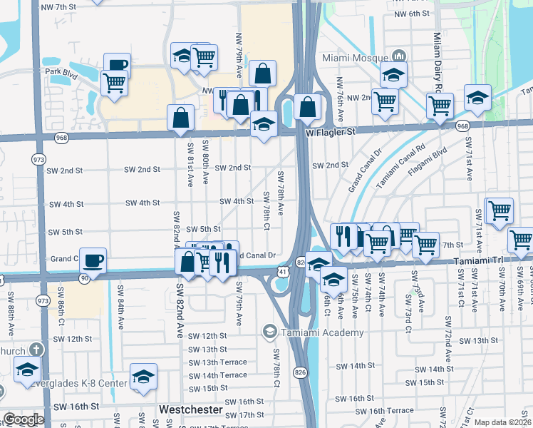 map of restaurants, bars, coffee shops, grocery stores, and more near 430 Southwest 78th Avenue in Miami