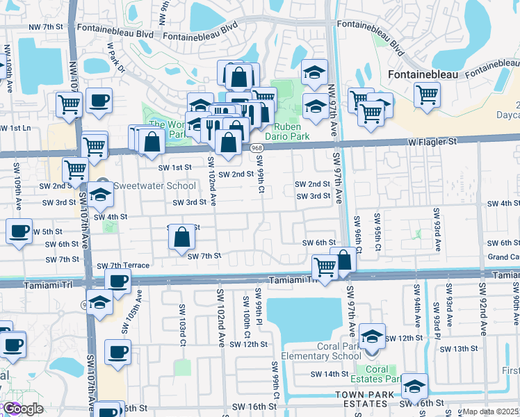 map of restaurants, bars, coffee shops, grocery stores, and more near 9961 Southwest 4th Street in Miami