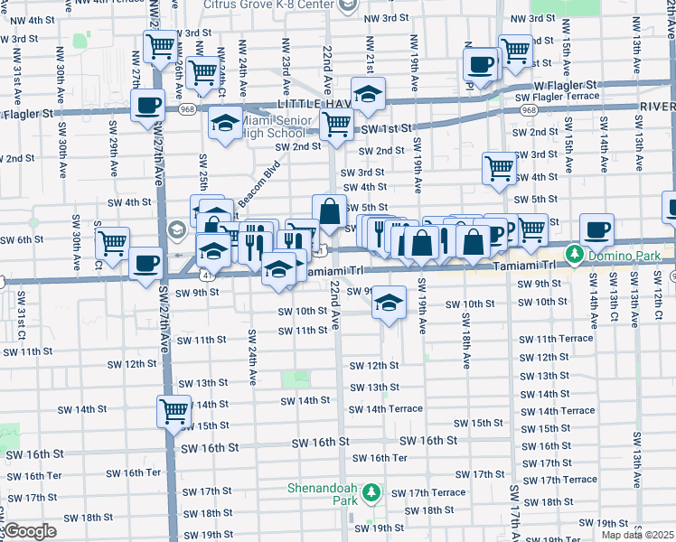 map of restaurants, bars, coffee shops, grocery stores, and more near 799 Southwest 22nd Avenue in Miami