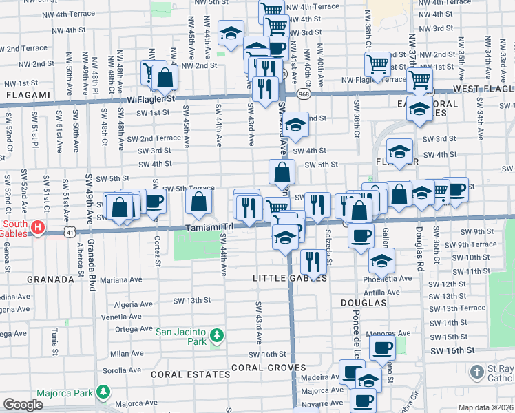 map of restaurants, bars, coffee shops, grocery stores, and more near 4270 Southwest 6th Street in Coral Gables