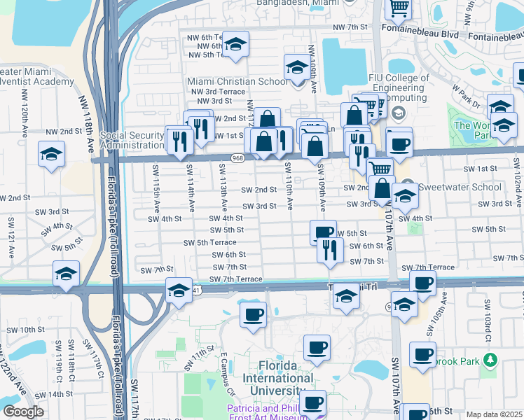 map of restaurants, bars, coffee shops, grocery stores, and more near 11132 Southwest 3rd Street in Miami