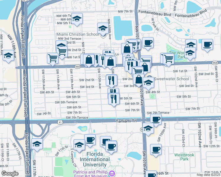 map of restaurants, bars, coffee shops, grocery stores, and more near 320 Southwest 109th Avenue in Miami