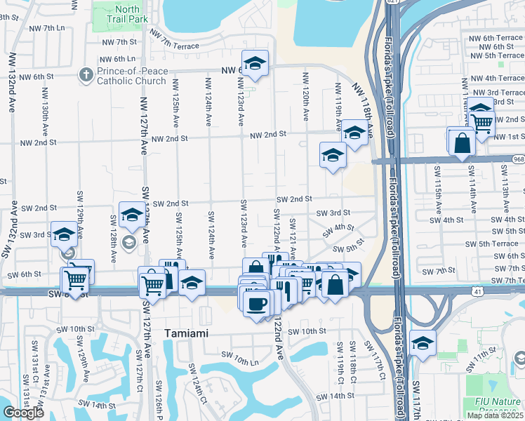 map of restaurants, bars, coffee shops, grocery stores, and more near 241 Southwest 122nd Court in Miami
