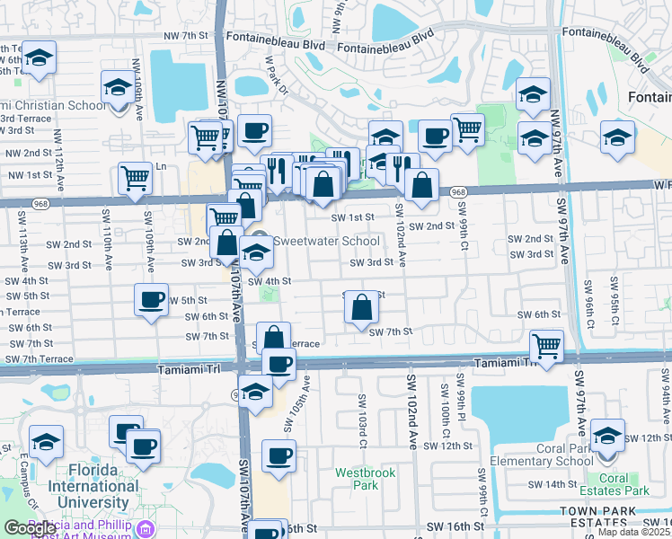 map of restaurants, bars, coffee shops, grocery stores, and more near 318 Southwest 103rd Court in Miami