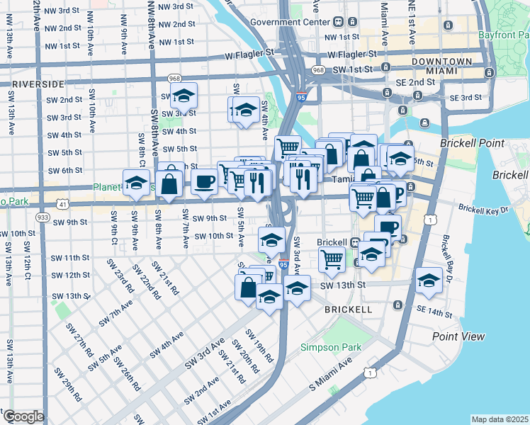map of restaurants, bars, coffee shops, grocery stores, and more near 848 Southwest 4th Avenue in Miami