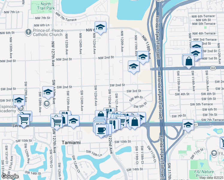 map of restaurants, bars, coffee shops, grocery stores, and more near 12135 Southwest 3rd Street in Miami