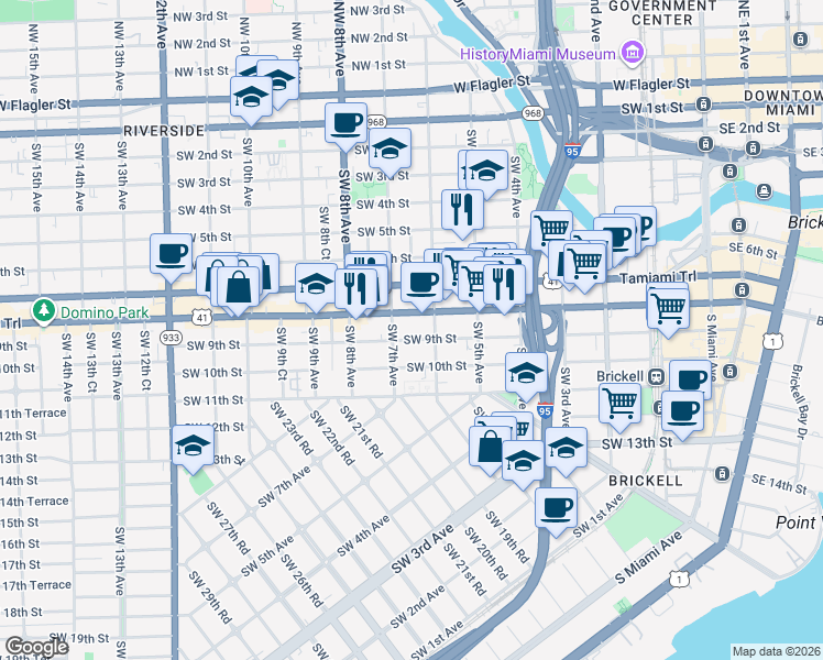map of restaurants, bars, coffee shops, grocery stores, and more near 649 Southwest 9th Street in Miami