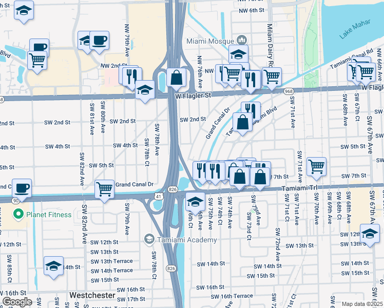 map of restaurants, bars, coffee shops, grocery stores, and more near 465 Florida Boulevard in Miami